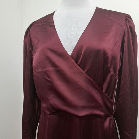 Calvin Klien Satin Puff Sleeve High Low Ruffled Hem Holiday Burgundy S 12 NWT - Picture 16 of 17